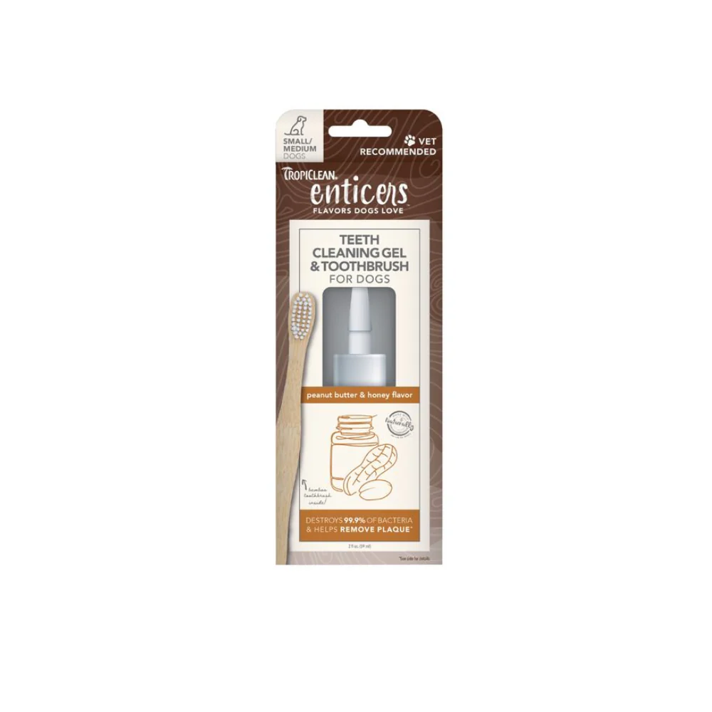 Tropiclean Enticer Teeth Cleaning Gel and Toothbrush Peanut Butter and honey
